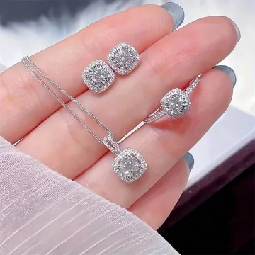 Shiny Silver Zircon Crystal Earrings Necklace Set (4 Pcs)